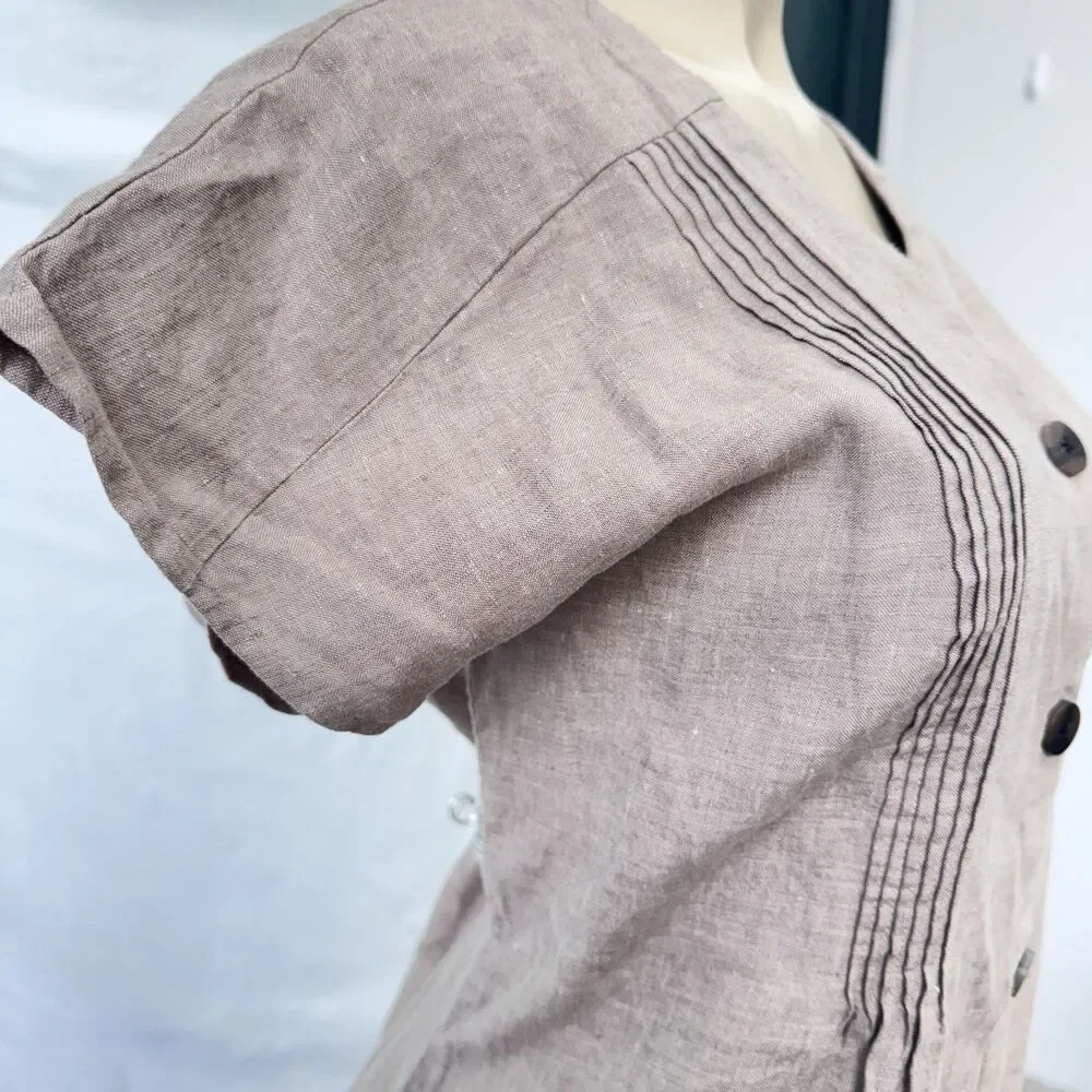 J.Jill 100% Linen Button Front Mini Short Sleeve Dress Tan size Medium - Picture 4 of 9